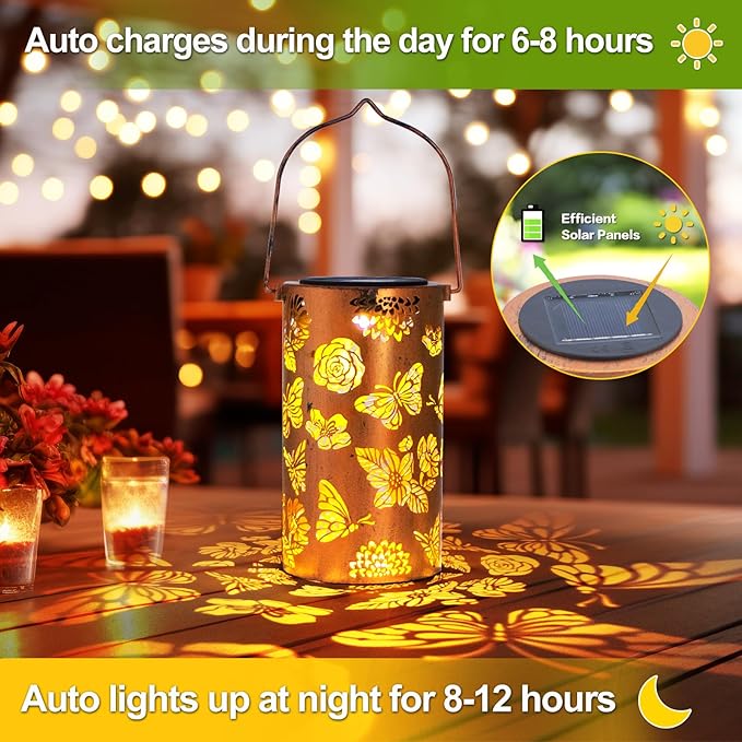 Butterfly Flower Birthday Gifts for Women, Solar Lanterns Outdoor Waterproof, Garden Decor Metal Hanging Decorative Solar Lights for Patio Yard Backyard Porch, Gardening Gifts for Women Mom Grandma