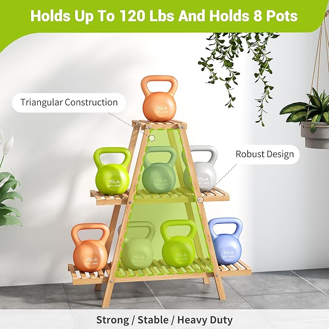 BMOSU Plant Stand Bamboo for Indoor Outdoor Tiered Plant Shelf 8 Potted Flower Holder Ladder Rack Garden Balcony Living Room Patio(3 Tier Natural)