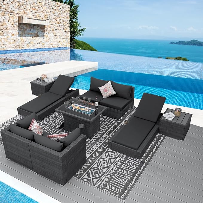 NICESOUL 9 Piece Patio Furniture Set with Fire Pit Table Propane/Natural Gas, 29.3'' High Back Extra Large Outdoor Sectional with Firepit & Chaise Lounge, Deep Seated PE Wicker Conversation Set, Gray