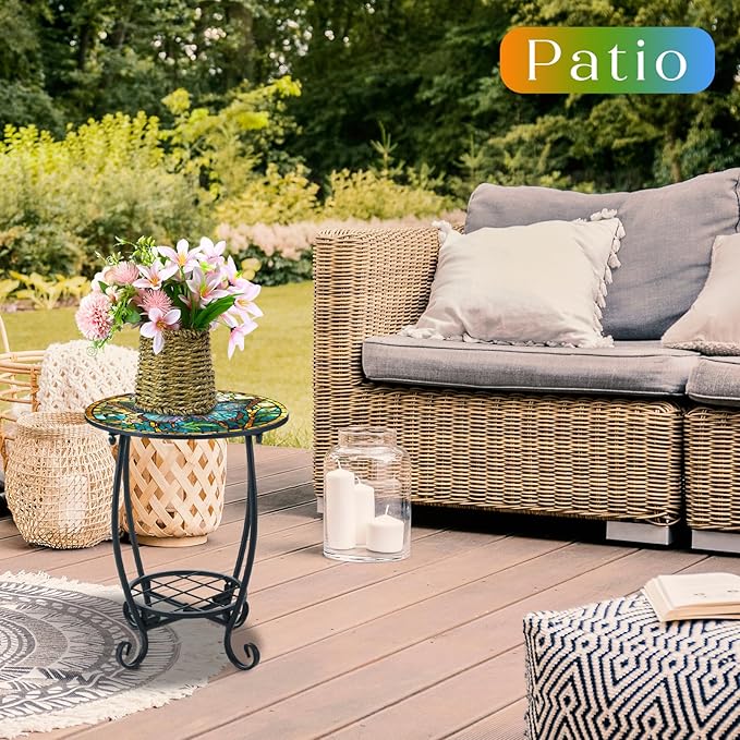 Outdoor Side Table Round Small Mosaic Patio Accent Indoor End Plant Coffee Tea Table for Yard Patio Porch Garden Living Room, Bedroom(Butterfly Style,12 Inch)