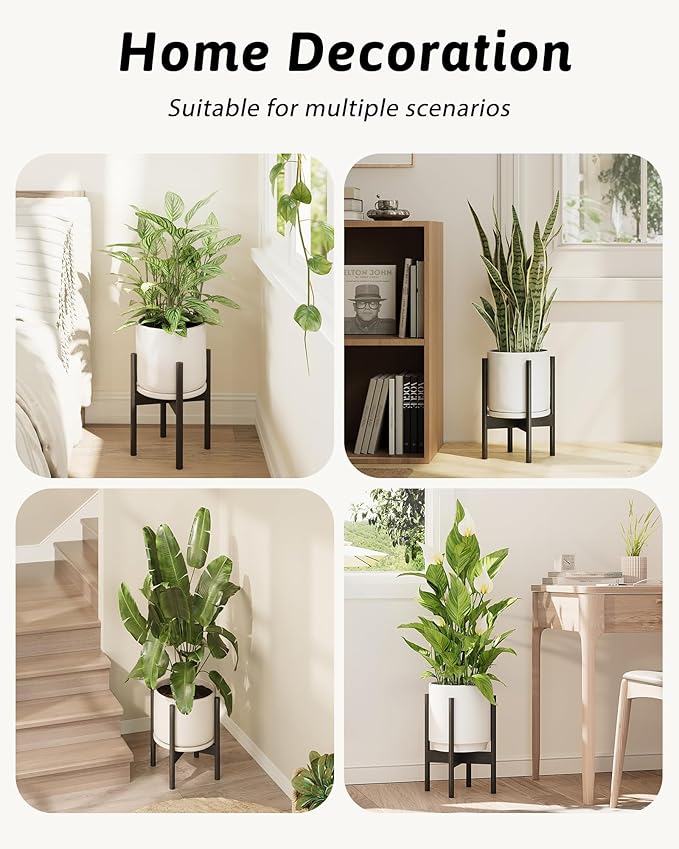 Adjustable Plant Stand Indoor, Bamboo Plant Stand Fits 8 9 10 11 12 Inches, Small Corner Planter Holder for Indoor Plants, Single Floor Plant Stands for Living Room Balcony, Pure Black