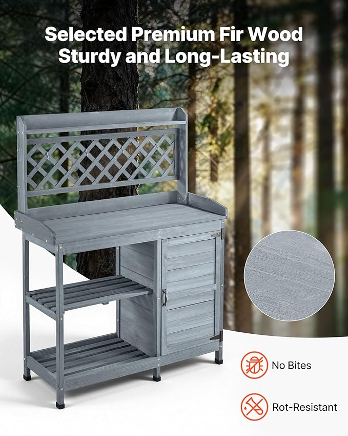 VEVOR Potting Bench Table, Outdoor Gardening Wooden Workstation with Storage Cabinet, Storage Shelves, 43 x 18 in Wood Tabletop, Garden Planting Work Station for Patio, Backyard, Balcony, Gray