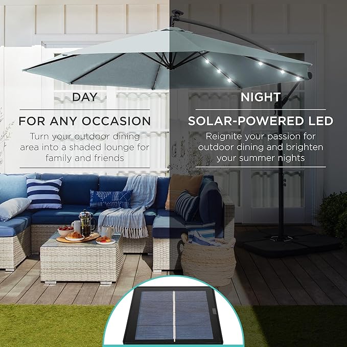 Best Choice Products 10ft Solar LED Offset Cantilever Hanging Market Patio Umbrella, 8 Sturdy Ribs, Easy Adjustment - Baby Blue