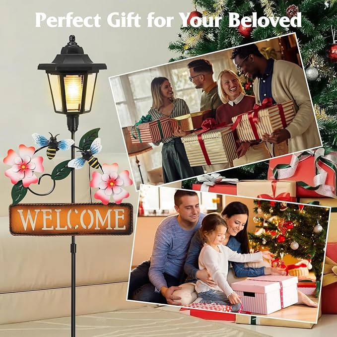 Lewondr Solar Garden Lights Bee, 37.4 Inch Solar Lamp Post Light with Welcome Sign & Bees, Outdoor Waterproof Solar Stake Lights for Yard Porch Patio Pathway Gardening Gifts, 2 Pack