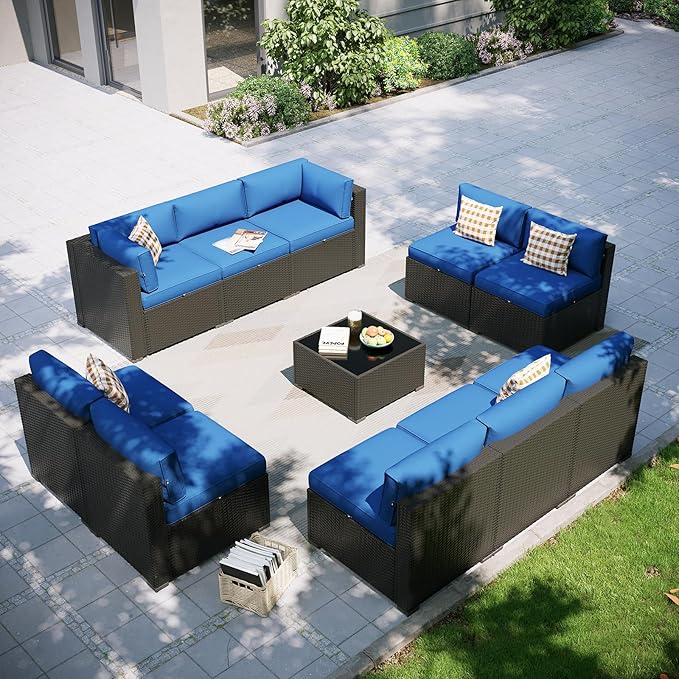 Aoxun Patio Furniture Set, 11 Piece Outdoor Sectional Sofas with Waterproof Cover, 10 Seats Wicker Rattan Outdoor Furniture Patio Conversation Set for Backyard, Garden Navy Blue