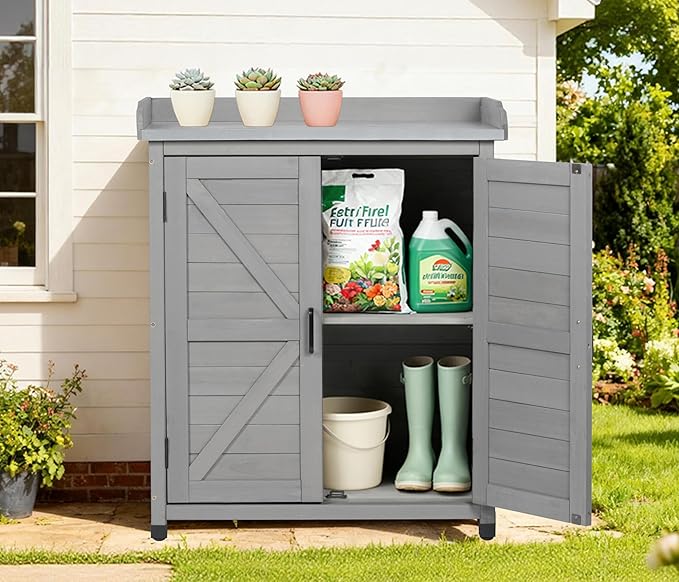 Outdoor Potting Bench with Storage Cabinet and Metal Top, Wood Workstation for Outdoor Patio, Garden (Classic Grey, 31.5x17x39‘’)