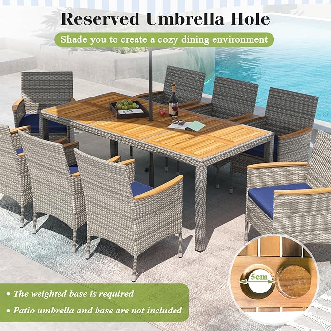Tangkula 9 Pieces Rattan Outdoor Dining Set for 8, Outdoor Acacia Wood Table Set with 8 Cushioned Wicker Chairs, Umbrella Hole, Patio Dining Furniture Set for Deck Pool Backyard