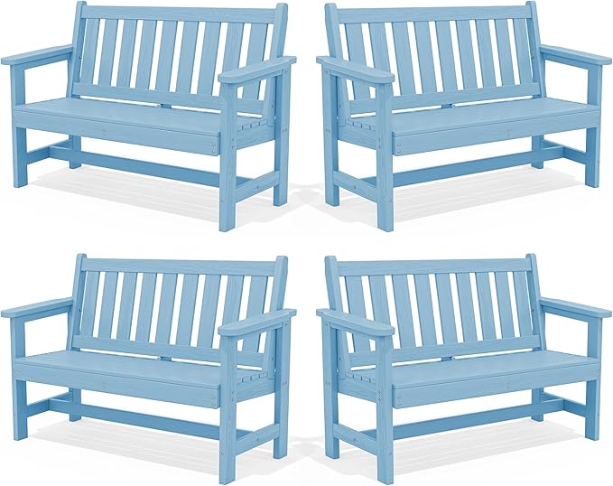 SERWALL Outdoor Bench, HDPE Outdoor Benches Weatherproof, 2-Person Garden Bench with 660 lbs Weight Capacity, Patio Benches for Outdoors, Garden, Porch, Backyard and Park, Light Blue, 4 Pack