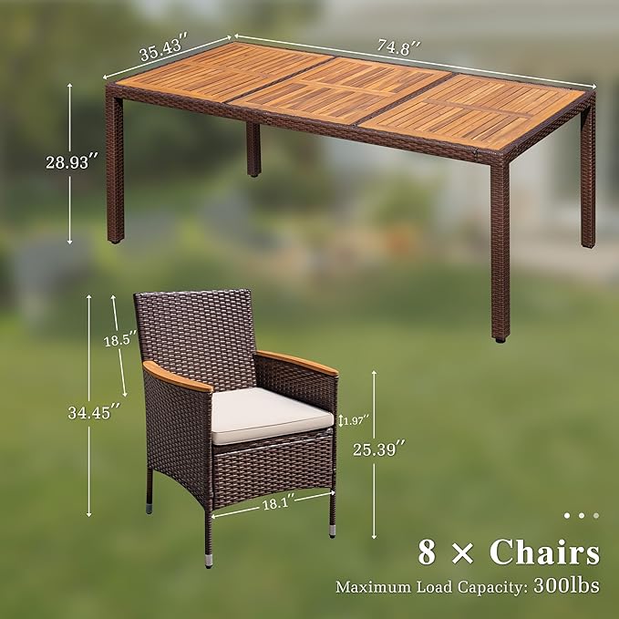 Devoko Outdoor Patio Dining Sets 9 Pieces Wicker Outdoor Dining Table and Chairs Set with Acacia Wood Table Top and Widened Armrests for Backyard, Garden, Deck (Brown)