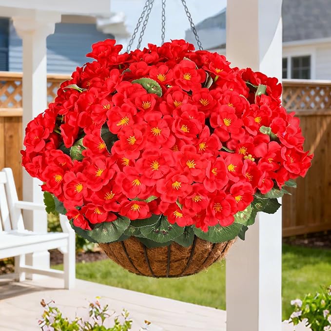 Artificial Flowers for Outdoors, 6 Bundles Realistic Silk Fake Red Geraniums, UV Resistant Faux Flowers for Planters, Hanging Baskets, Window Boxes, Porch, Patio Valentine's Day Decor