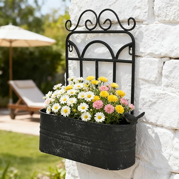 Rustic Metal Wall Planter Vintage Wall Mounted Flower Pot Distressed Wall Hanging Plant Basket Farmhouse Wall Decor for Indoor Outdoor Garden Home Yard (Black)