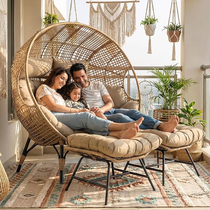 NICESOUL Double Egg Chair with Footstools & Cushions, Oversized Wicker Boho Chair Extra Large with Footrests Stationary 2 Person Loveseat Comfort Deep Seating for Indoor Outdoor