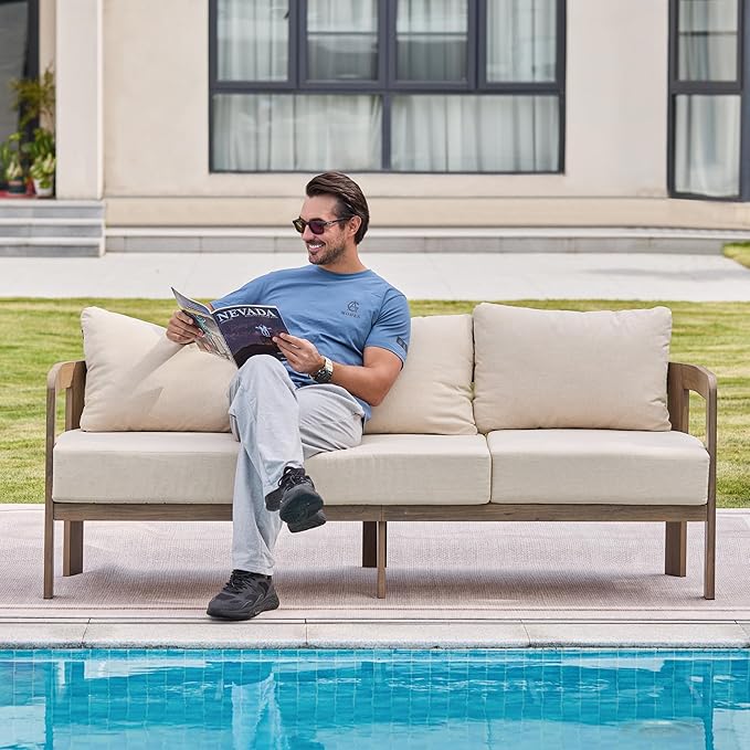 Outdoor Couch Aluminum Patio Furniture, 3-Seat All-Weather Metal Modern Patio Sofa with Washable Thick Cushion for Garden/Backyard/Porch, Beige