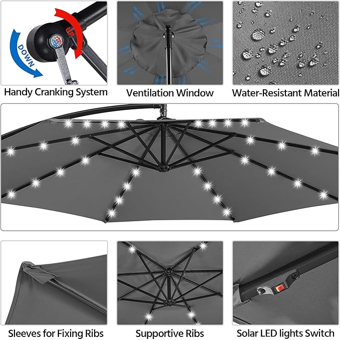 Yaheetech 10FT Solar Offset Umbrella with 32 LED Lights Cantilever Hanging Outdoor Umbrellas Handy Crank & Cross Base for Lawn/Deck/Backyard/Pool Gray