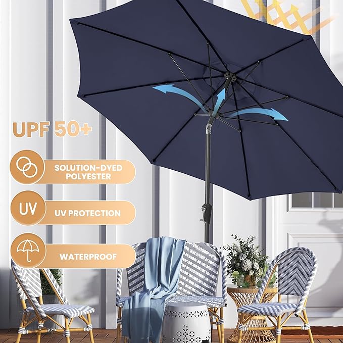 Ayge 9FT Large Outdoor Patio Umbrella Market Table Umbrella-UV Resistant, Easy Push Button Tilt and Crank, 8 Sturdy Fiberglass Ribs Heavy-Duty Pool Umbrella for Deck, Backyard,Garden,Navy
