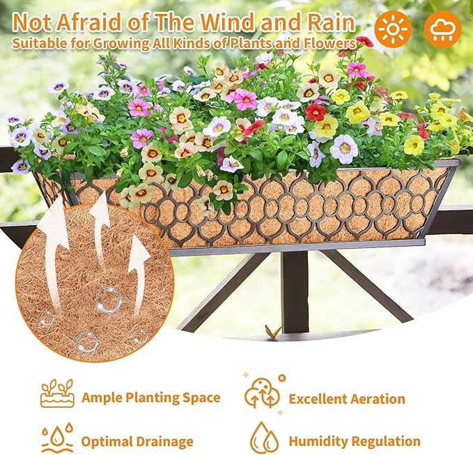 Riare 2 Pack 24 Inch Window Boxes Planters with Coco Liner, Metal Deck Railing Planter Boxes, Balcony Planters Railing Hanging, Horse Trough Window Flower Planter Boxes for Outdoor Porch Fence Patio