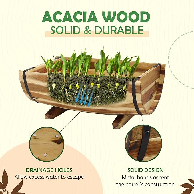 Solid Acacia Wood Half Barrel Planters Outdoor Set of 2 Different Sizes, Wooden Planters for Outdoor Plants with Metal Bands & Drainage Holes, Legs Included, Natural