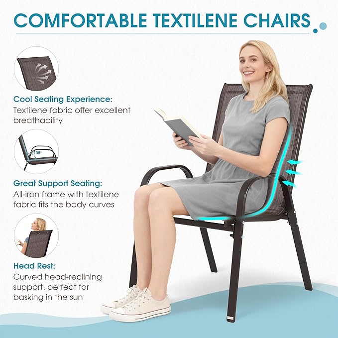 Outdoor Stackable Chairs Set of 6, Stacking Patio Chairs with Textilene Fabric, Outside Furniture for Garden Backyard Balconie Poolside Deck, Brown
