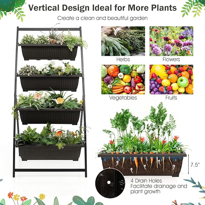 Giantex 5.2FT Vertical Raised Garden Bed, 4-Tier Elevated Planter Box w/4 Containers & Drainage Holes, Indoor Outdoor Freestanding Planter for Vegetables, Herbs, Flowers, Heavy-Duty Metal Frame