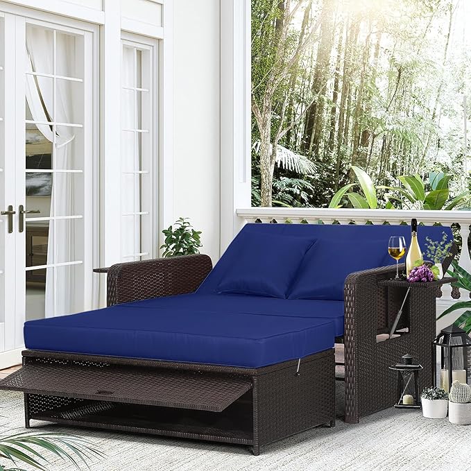 LDAILY Moccha Outdoor Daybed, Wicker Loveseat Sofa Set with 4-Postion Adjustable Backrest, Storage Ottoman, Cushions, Rattan Double Bed Lounger, Patio Furniture Set (Navy)