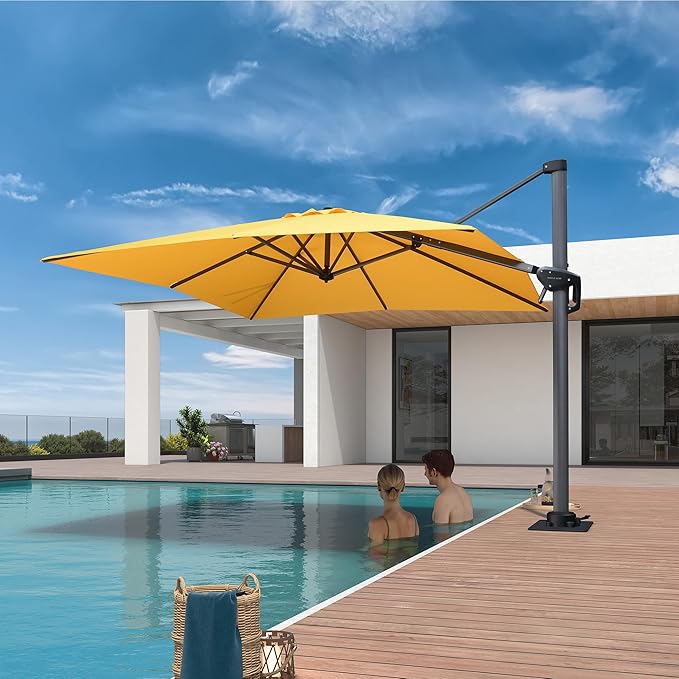 PURPLE LEAF 8' X 8' Patio Umbrella with Steel Plate Base for Pool 7' High Offset Outdoor Cantilever Umbrella Swimming Pool Umbrella with 360°Rotation for Poolside Yellow