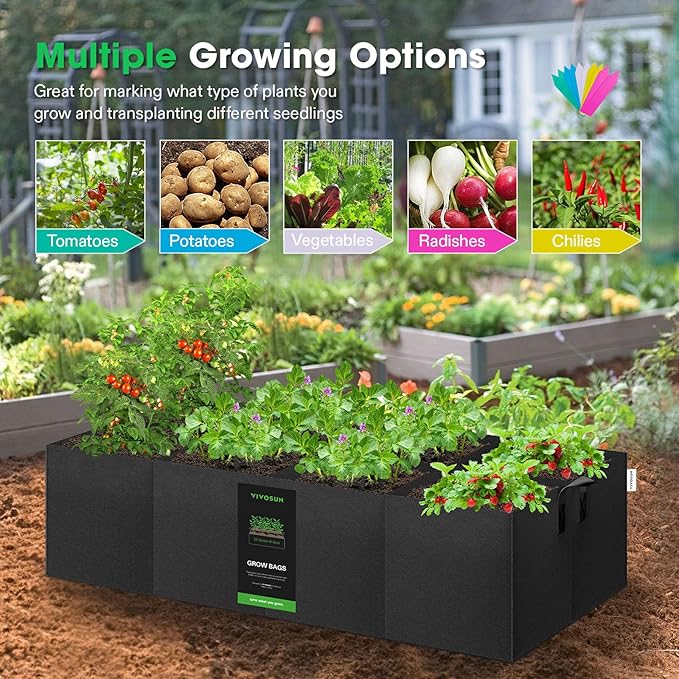 VIVOSUN 8-Grid 55 Gallon Plant Grow Bags, Large Fabric Raised Garden Bed with 400G Thickened Breathable Fabric, Reinforced Handles & 10 Pcs Plant Labels for Flowers, Vegetables, Fruits