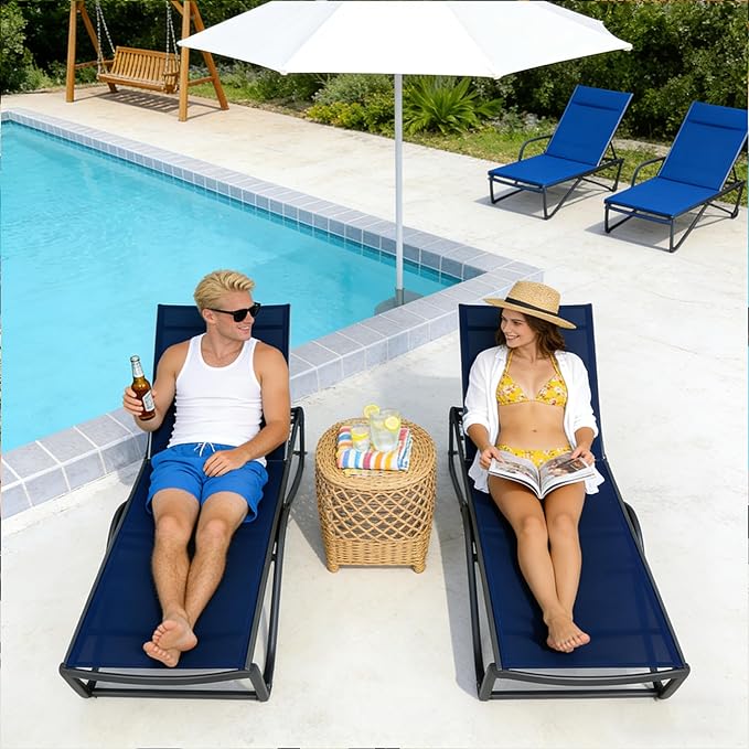Kozyard Outdoor Chaise Lounge Chair, Full Aluminum Frame, Adjustable Reclining Patio Lounger for Poolside, Sunbathing & Backyard, Textilene (NavyBlue, 2Chairs + Table)