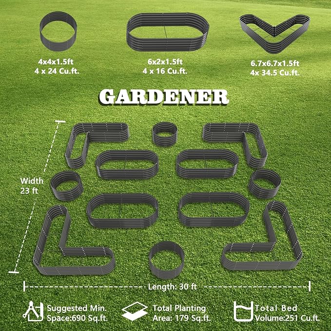 A ANLEOLIFE 12-Pack Galvanized Raised Garden Beds Outdoor, 18" Deep Modular Metal Planter Box Kit, Whole Backyard Farm Garden System with Oval Heart & Round Beds for Vegetable & Flowers, Quartz Grey