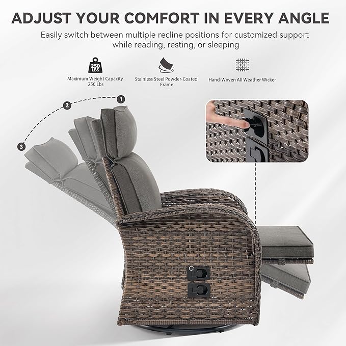 3 Pieces Zero Gravity Patio Swivel Rocking Recliner Chairs Set of 2 - Wicker Outdoor Lounge Chair with Side Table, Adjustable Backrest & Footrest, High Back Outdoor Recliner Chair for Pool Deck Gray
