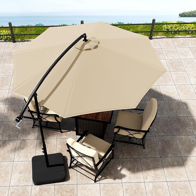OLILAWN 10ft Patio Umbrella with Base Included, Outdoor Offset Cantilever Umbrella Upgraded Yarn-dyed Fabric Shade, Sturdy 8 Rids,360 Degree Rotation & Easy Tilt Adjustment, for Pool Deck Porch Backyard Garden,Beige
