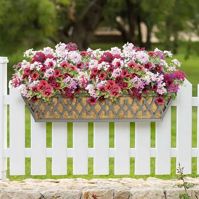 2 Pack 24 Inch Window Boxes Planters Railing Planter Box with Adjustable Brackets for Porch Fence Patio Balcony Hanging Flower Baskets with Coco Liners for Outdoor Garden Decor - Dark Grey