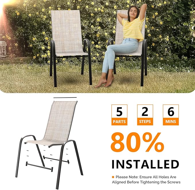 VINGLI Patio Chairs Set of 4 – Stackable Outdoor Dining Chairs with Comfortable Sling High Back Chairs and Armrests for Lawn, Poolside, Courtyard, Balcony, Garden, Yellow