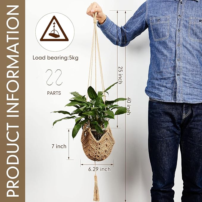 Shappy 1 Pack Jute Crochet Long Plant Hanger for 3 Inch to 12 Inch Pots, Macrame Plant Holder Rope with S Shaped Hooks for Halloween Home Decor (Brown)