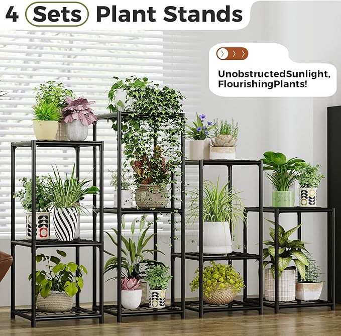 Bamworld Plant Stands Indoor 4 Sets Plant Shelves Outdoor Metal Plant Holder for Multiple Plants Flower Stands Window