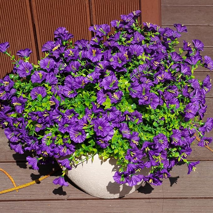 Artificial Flowers for Outdoors, UV Resistant Fake Silk Morning Glory, Realistic Faux Plants for Outside Porch Patio Window Box Hanging Planter (16, Purple)