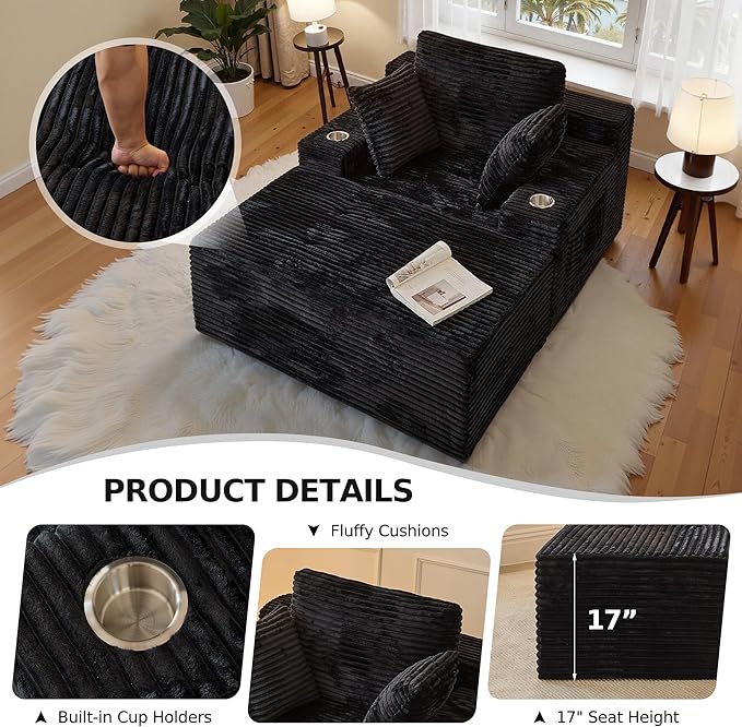 CHORRO67 Chaise Lounge Chair Indoor,Oversized Boneless Single Sleeeper Couch Bed,Corduroy Cloud Sofa with 3 Soft Pillows for Livingroom,Bedroom,No Assembly (Black)