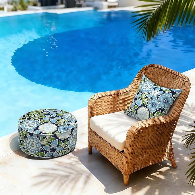 LVTXIII Inflatable Stool Ottoman Footrest with Handle, Decorative Fade-Resistant Foot Stool, Indoor or Outdoor Pouf for Home Garden and Camping Use, 21x21x9, Azure Botanical Symphony‌