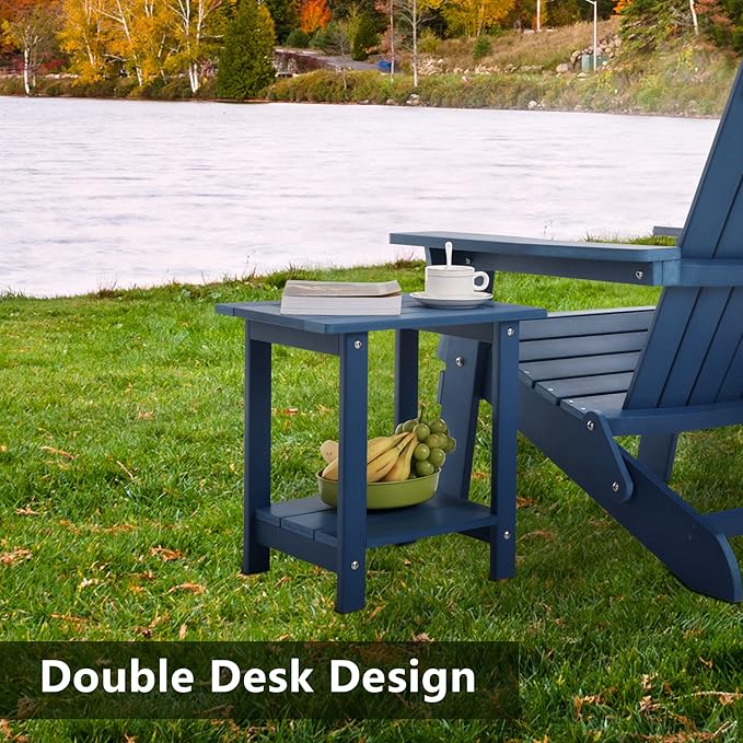 Double Adirondack Outdoor Side Table Weather Resistant, Outdoor Rectangular Patio End Table for Adirondack Chair, Dark Blue