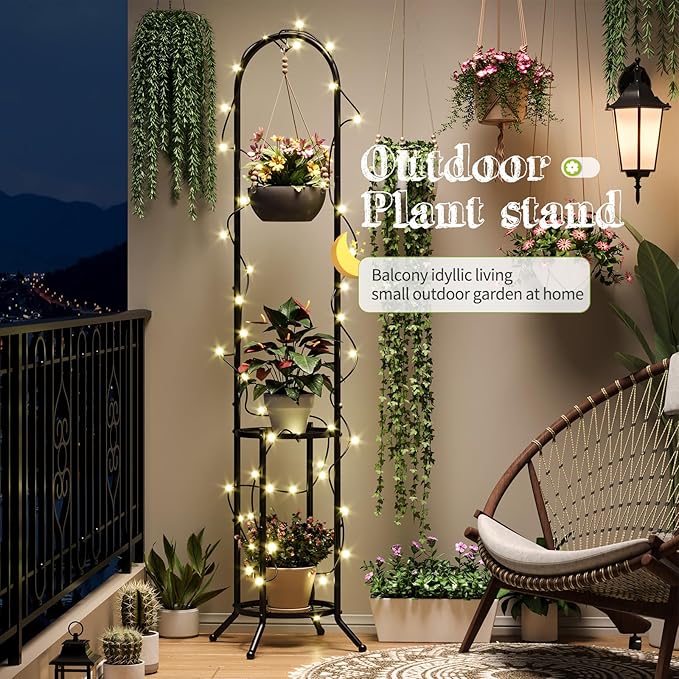 BMOSU Plant Stand with Hooks Indoor Outdoor Corner Tall Plant Stand Heavy-Duty Metal 3-Tier Plant Shelf Holder Rack for Patio Garden Balcony Living Room Bedroom(circular Black)