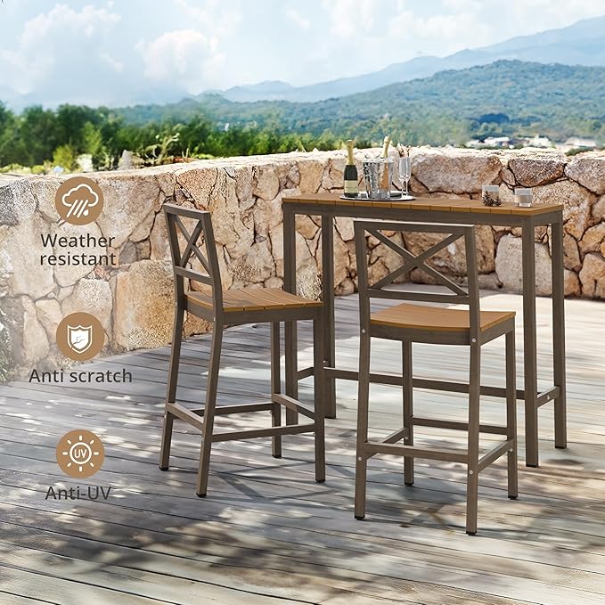 Outdoor Bar Table, 45" Patio Bar Height Counter Console Table, Waterproof HDPS Slatted Top, Weather Resistant, Hot Tub, Balcony, Yard, Indoor or Outdoor Use, Teak