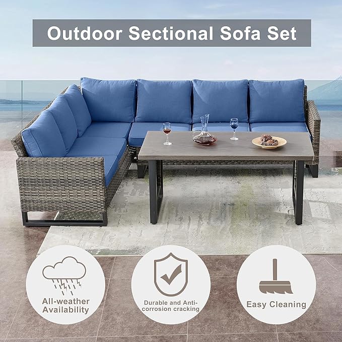 Patio Sectional Furniture Set with Fire Pit Table: 10 Pieces Wicker Patio Conversation Set with L Shaped Sofa, Outdoor Swivel Glider Rocker, Rattan Club Chairs, Ottomans, Removable Cushions Blue
