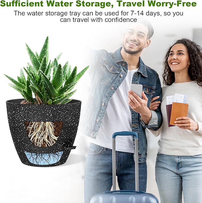 12 Inch Large Self Watering Pots, Flower Pots with Multi-Mesh Drainage Holes and Saucer, Planters for Indoor and Outdoor Garden Plants (Speckled Black)