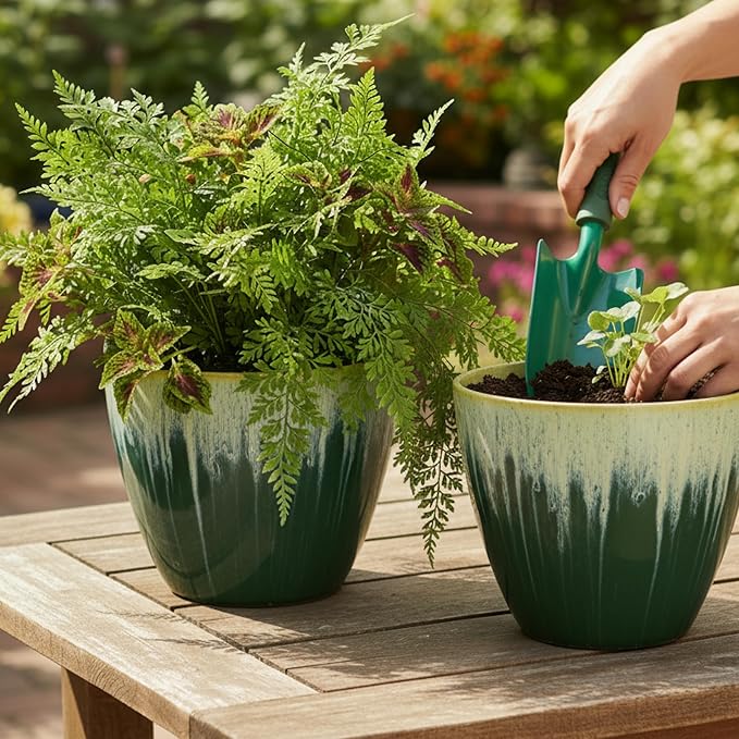 Pack of 2 Flower Pots, Plastic Plant Pots with Drainage Holes, 8 inch Modern Glossy Finishing Planter for Indoor Outdoor Plants (Green Glaze, 2 Pack)