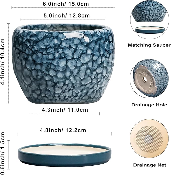 SQOWL Ceramic Pots for Plants - 6 Inch Plant Pot Indoor Outdoor, Ceramic Planter with Drainage Hole and Saucer, Decorative Round Planter, Small Flower Pot, Table Decor, Gifts for Plant Lovers, Blue
