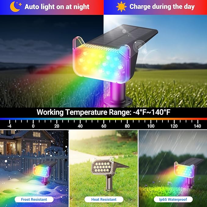 WdtPro 10 Pack Solar Color Changing Spot Lights, 10 Lighting Modes Solar Lights Outdoor Waterproof, Multicolor RGB Outdoor Lights, 9 Colors Auto Cycling Landscape Spolights for Yard Garden Decoration