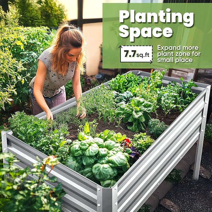 KING BIRD Large Raised Garden Bed with Legs Galvanized Elevated Planter Box 48×24×32 in for Backyard, Patio, Balcony, 400lb Capacity, Silver