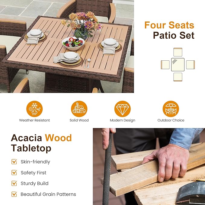 Wisteria Lane 10-Pieces Outdoor Patio Table and Chairs, Rattan Patio Table Set with Acacia Wood Tabletop, Patio Dining Furniture Set for 8 with Removable Cushions for Deck Garden Backyard, Brown