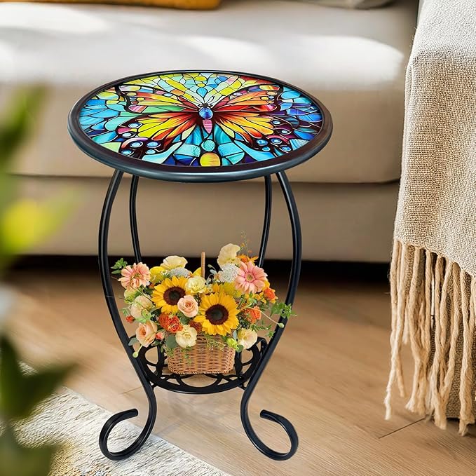 LIFFY Outdoor Side Table, 14" Round Mosaic Patio Table with Glass Butterfly Tabletop, 21" Height 2-Tier Indoor Small Decorative Plant Stand & End Table with Metal Frame for Home, Garden, Yard