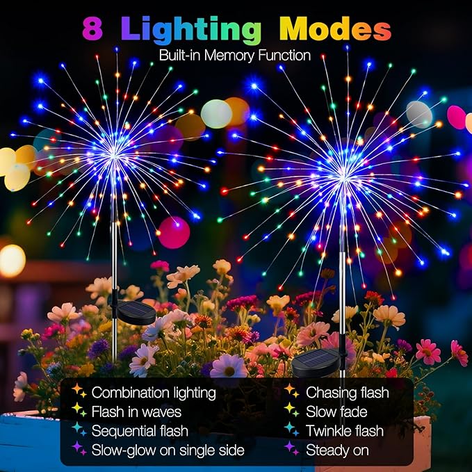 btfarm 1 Pack Solar Garden Lights Outdoor, 8 Modes Firework Lights Solar Powered, Waterproof Twinkle Fairy Light Outside for Yard Patio Pathway Pool Christmas Party Decorative, Multicolor