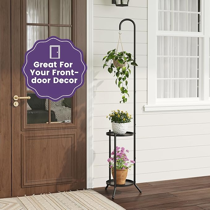 2-Tier Metal Plant Stand with Hanging Hook, Indoor Outdoor Plant Shelf,Heavy Duty Plant holder Rustproof Iron Multiple Plant Round Supports Rack for Planter Corner Garden Balcony Patio (Black)